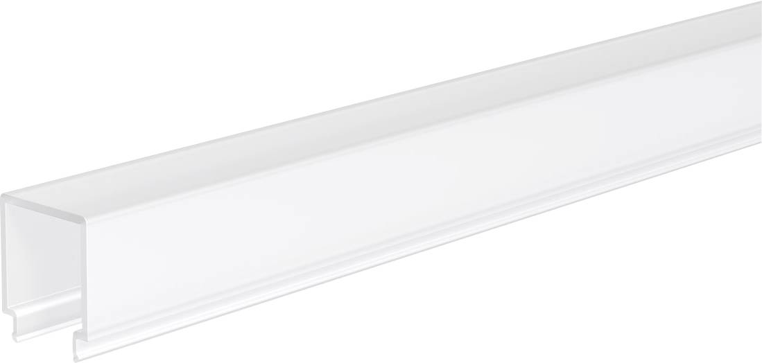 Canal diffuseur de lumière LED en forme de U en plastique transparent sur un fond blanc, présenté en perspective.