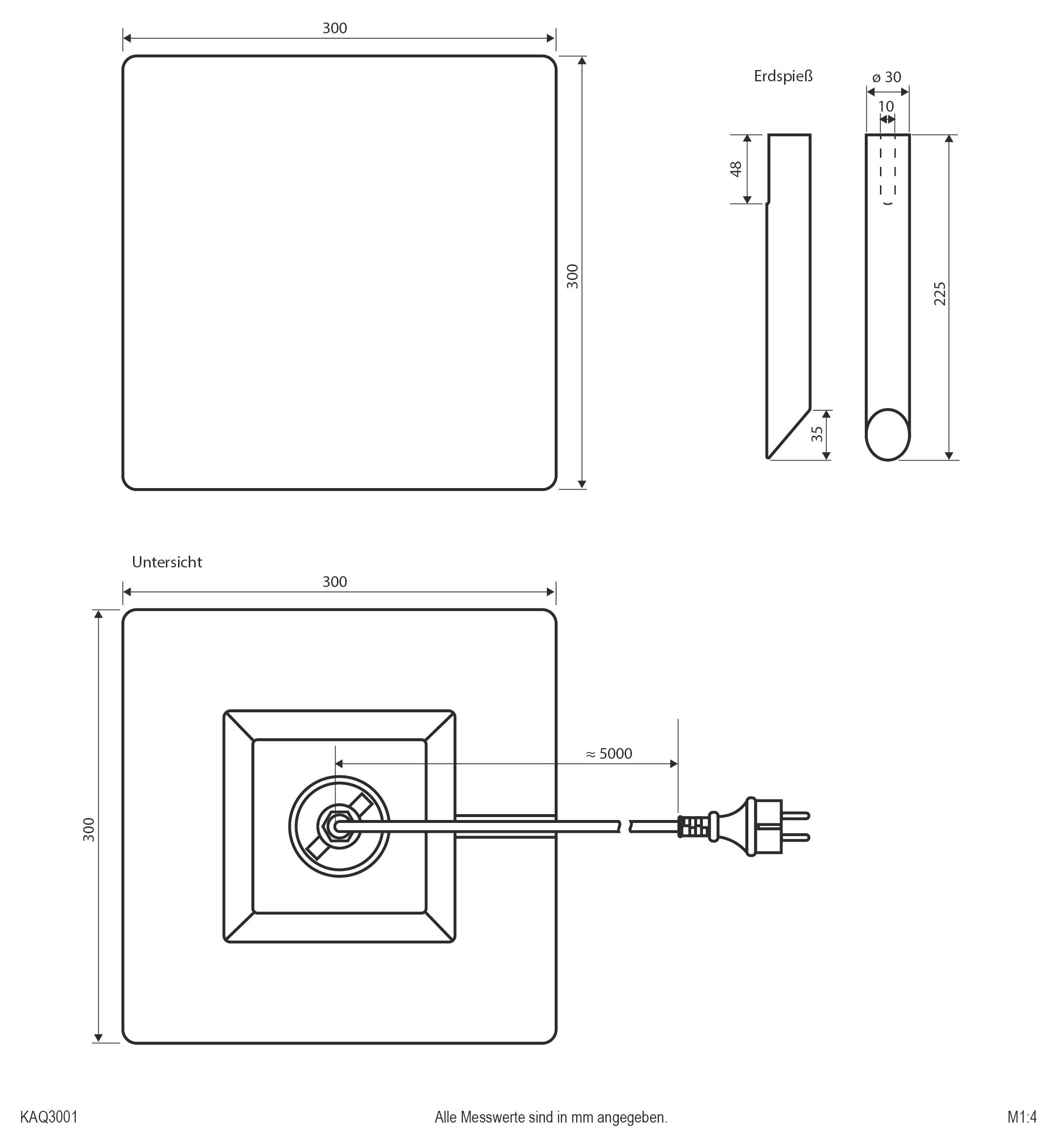 Dessin technique d'une plaque carrée de 300 x 300 mm aux angles arrondis, montrant les dimensions, un profil de bordure et une vue de dessous avec une sortie de câble centrée et une fiche.
