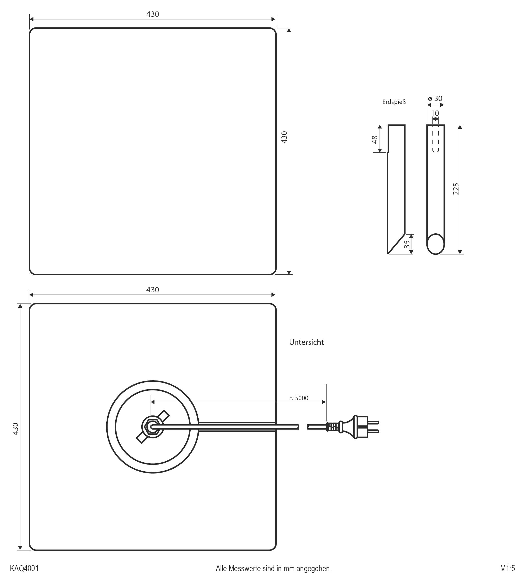 Dessin technique dimensionnel d'un panneau carré de 430 par 430 mm avec coins arrondis, montrant le câblage côté dessous et un connecteur, plus une vue latérale d'une pièce d'extrémité.