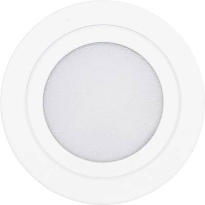 Spot LED blanc rond avec un diffuseur, encastré dans un boîtier blanc, vu de dessus. Idéal pour une installation au plafond.