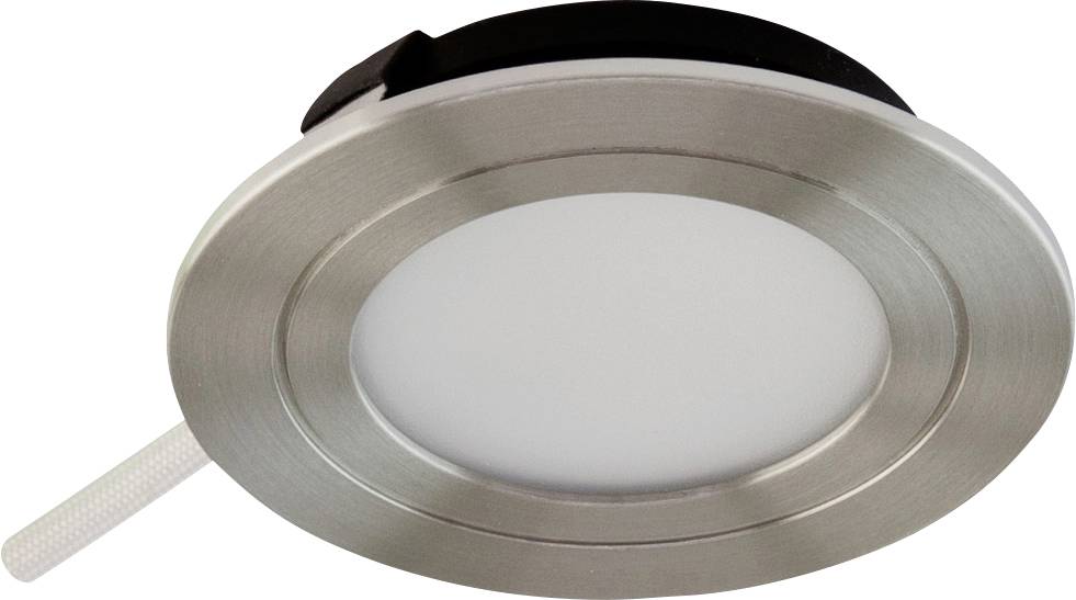 Luminaire de plafond encastré en métal brossé de forme ronde avec diffuseur blanc et cordon de tirage