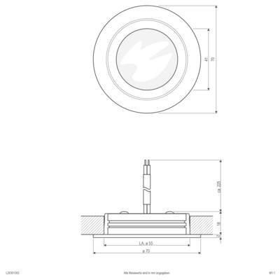 Dessin technique d'une applique encastrée ronde avec vues de dessus et de côté, montrant les dimensions de 70 mm de diamètre, 55 mm d'ouverture, et 225 mm de hauteur.