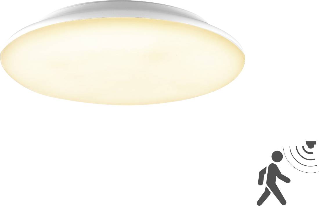 Appareil d'éclairage ovale montré au plafond sur fond blanc, avec une petite icône de personne qui marche et un symbole d'ondes sonores en bas à droite.
