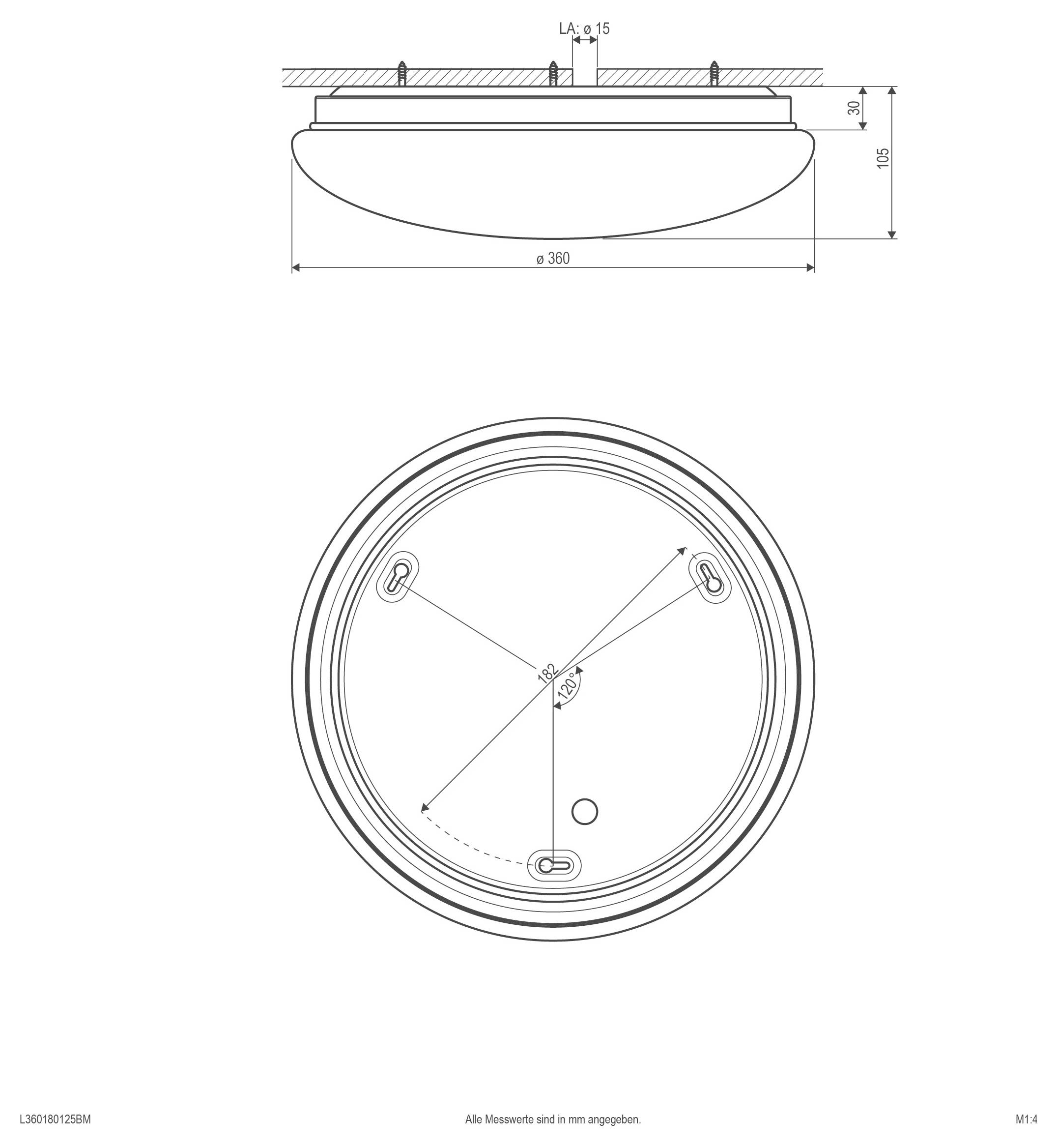 Dessin technique d'un luminaire de plafond rond, montrant les vues latérales et supérieures avec les dimensions, incluant un diamètre de 360 mm et une hauteur de 105 mm.