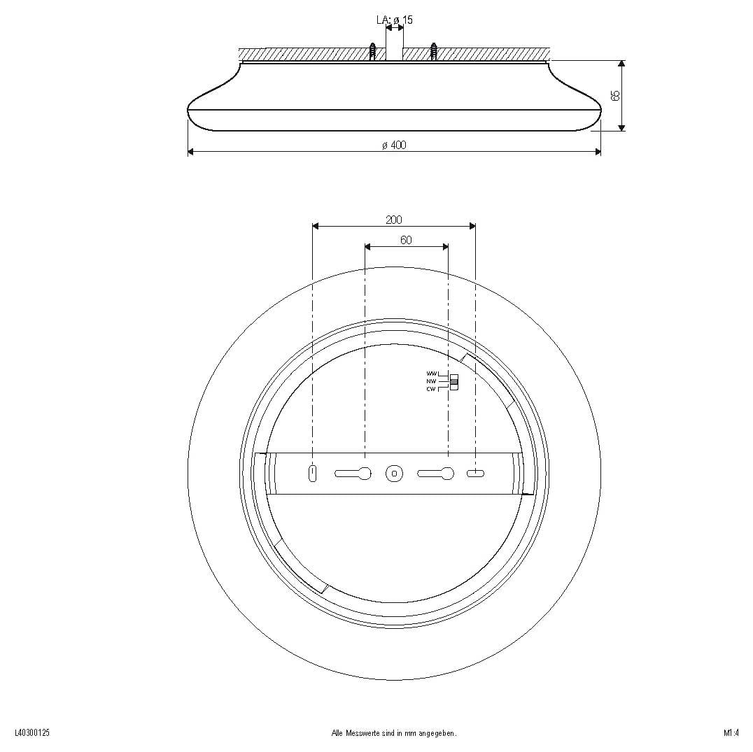 Dessin technique d'un luminaire de plafond rond, montrant les vues latérales et frontales avec les dimensions incluant un diamètre de 400 mm, 200 mm et un espacement de 60 mm.