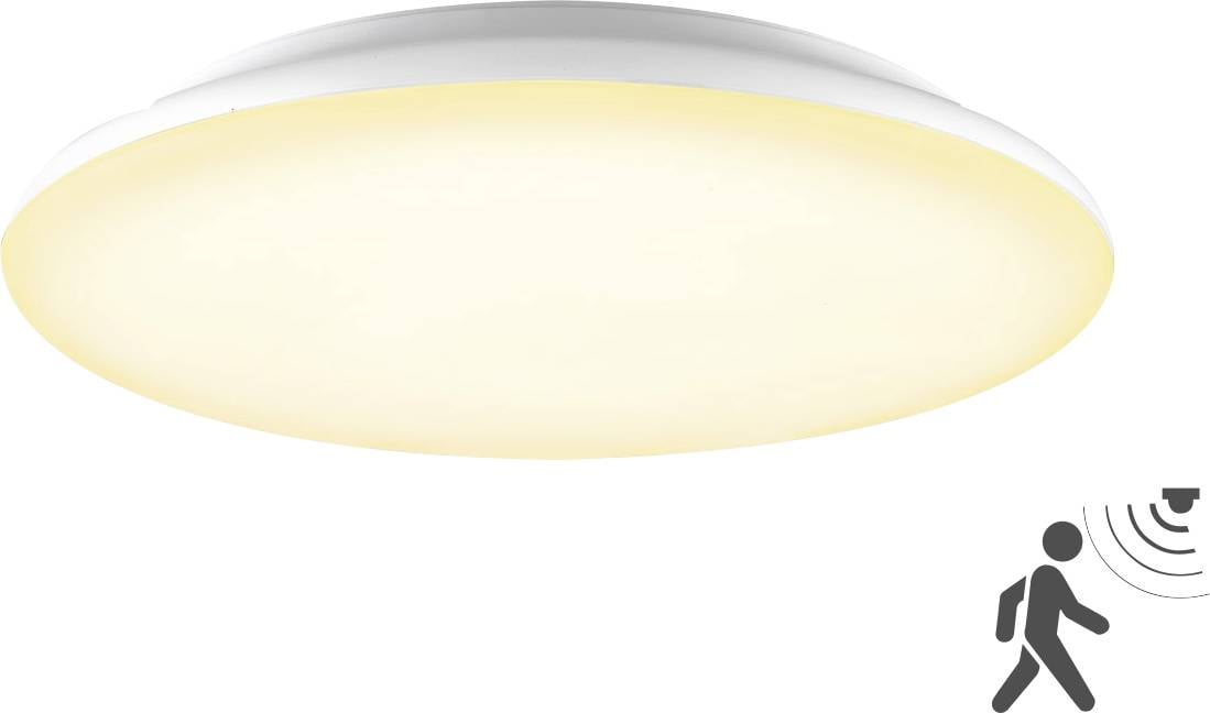 Icône de capteur de lumière au plafond avec une silhouette de personne et des ondes de signal en bas à droite, indiquant la détection de mouvement ou de présence sous une lumière surplombante.