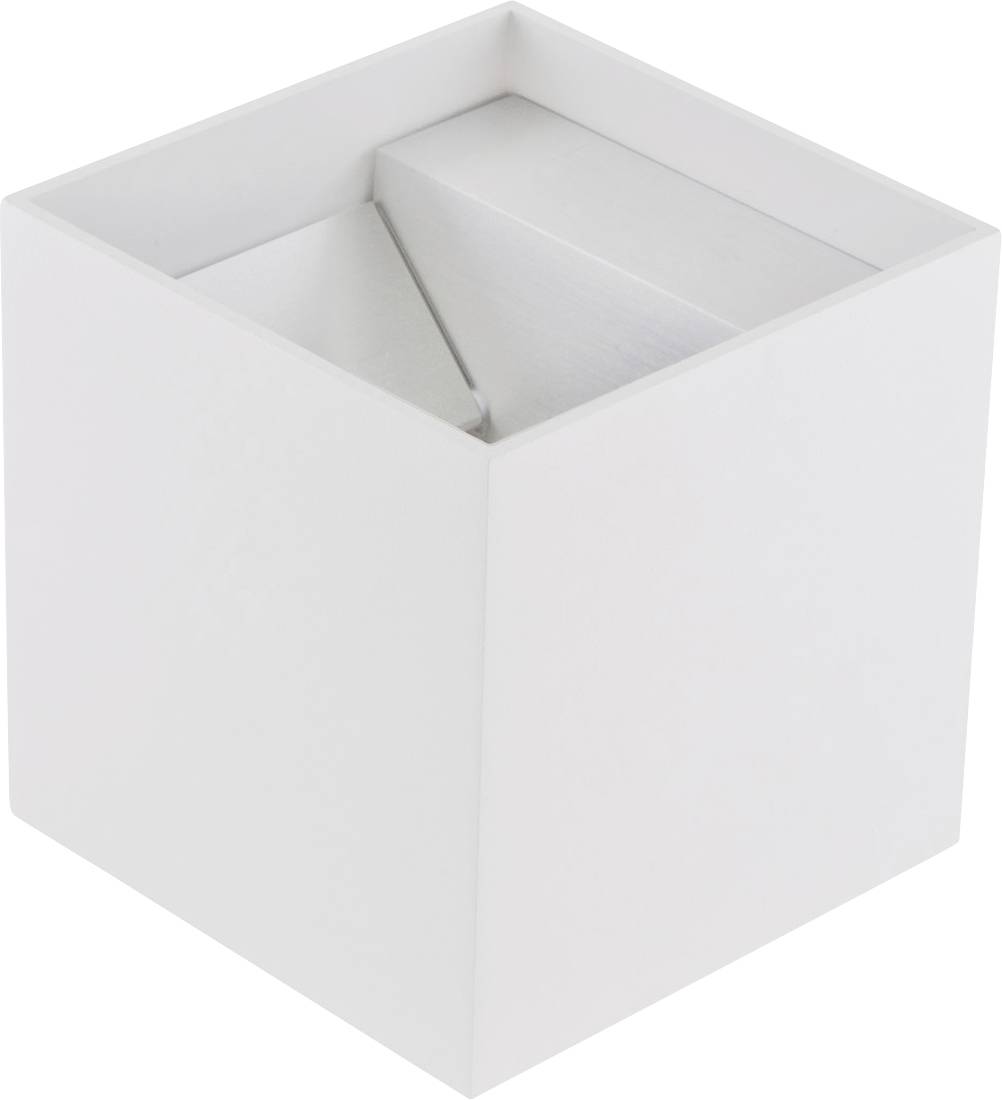 Bac à déchets blanc de forme carrée à ciel ouvert avec un insert intérieur triangulaire, montré sur un fond uni.