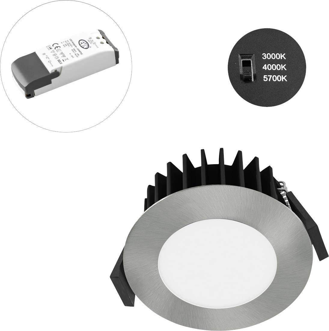 Luminaire encastré LED avec driver séparé et commutateur de température de couleur trois positions étiqueté 3000K, 4000K, 5700K.