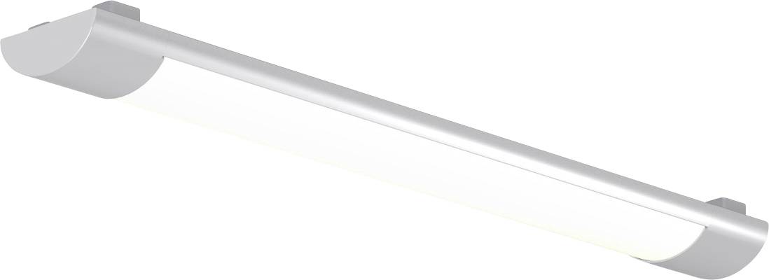 Un luminaire de plafond LED blanc et fin avec des embouts gris arrondis, présenté en gros plan sur un fond blanc.
