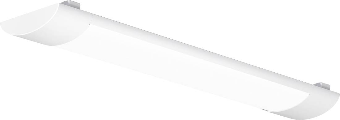 Luminaire fluorescent blanc allongé sur fond blanc, montré en perspective.