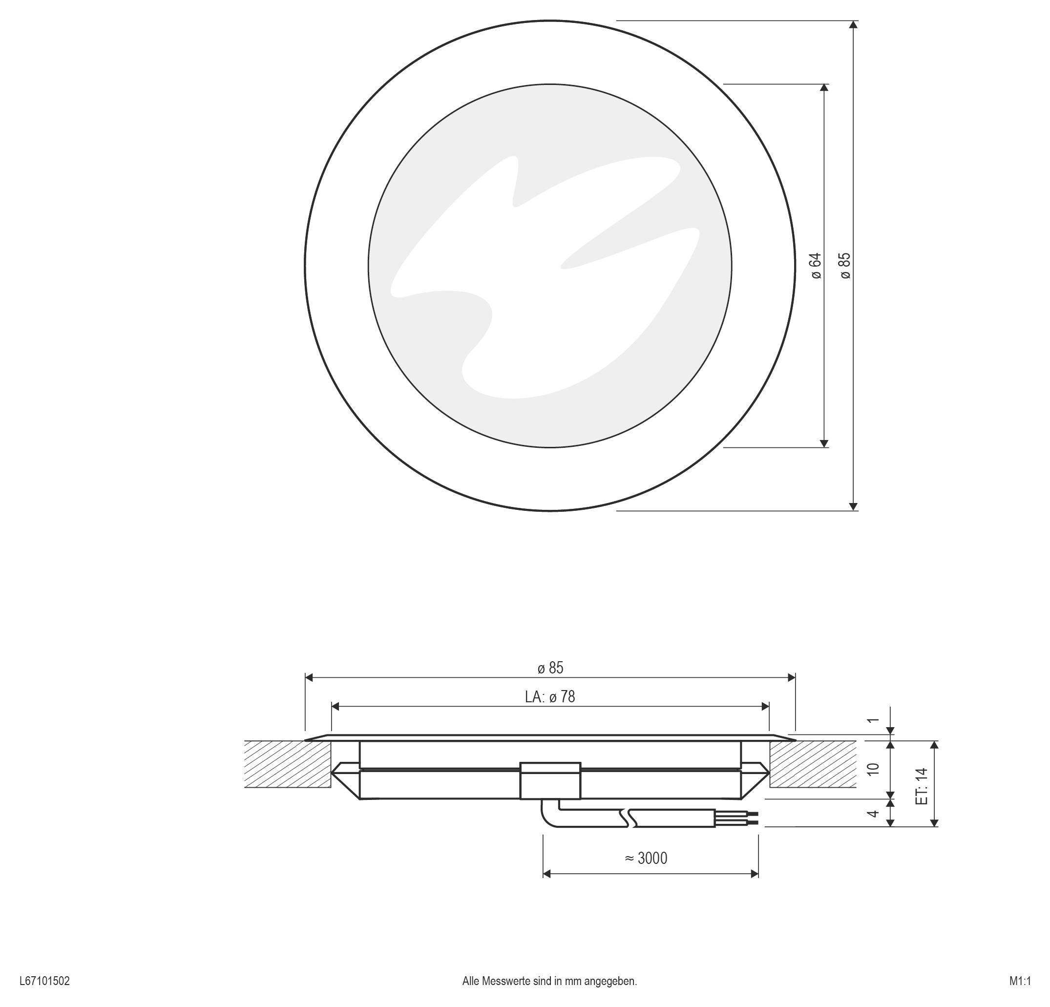 Dessin technique d'un luminaire encastré rond, présentant des vues de dessus et de côté avec les dimensions Ø64/Ø65, Ø85, et longueur de câble d'environ 3000.