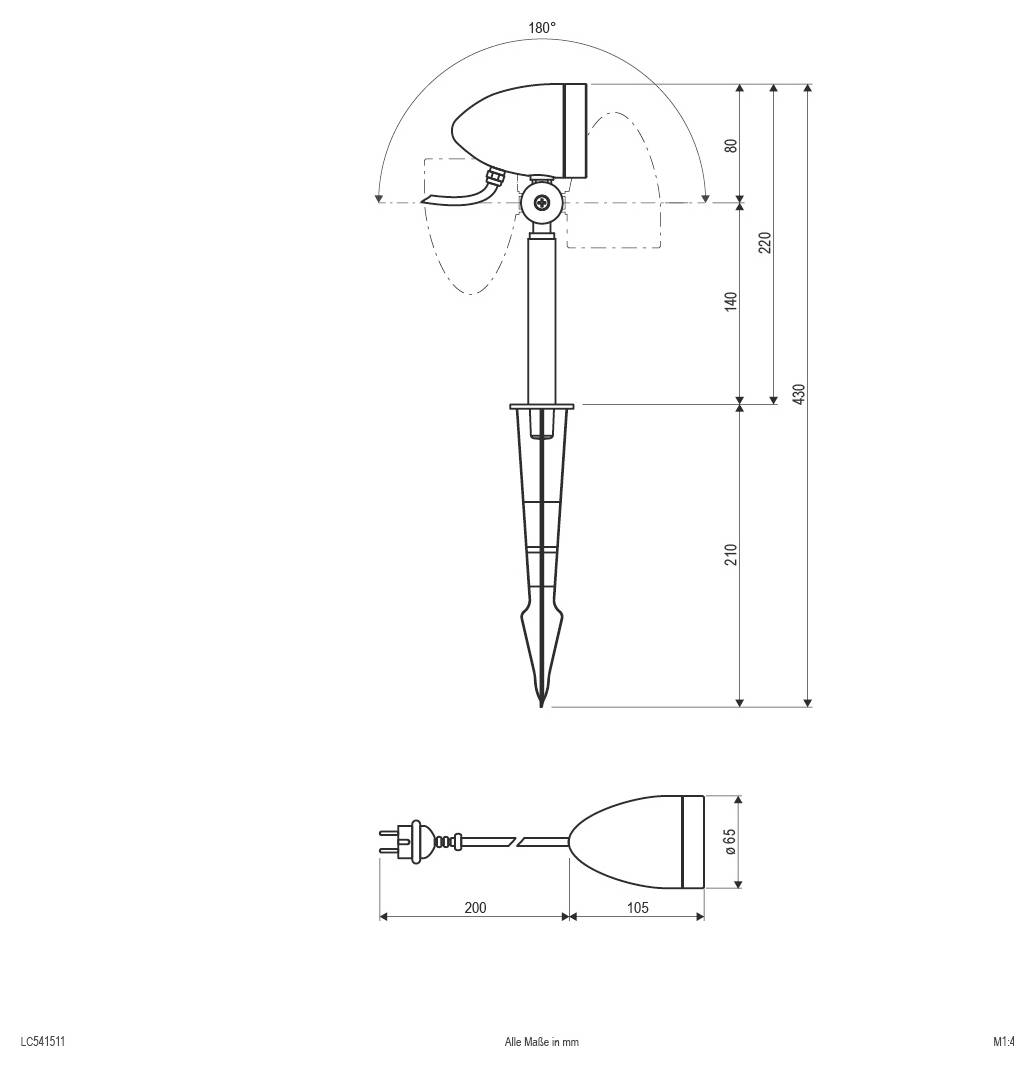 Dessin technique d'un projecteur de piquets de jardin montrant une tête orientable à 180° et des dimensions en millimètres, incluant les vues de côté et de face avec une hauteur totale de 400 mm.