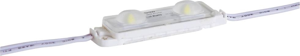 Module de bande lumineuse LED blanche avec deux ampoules illuminées à l'intérieur d'un boîtier en plastique transparent et des fils de connexion de chaque côté.