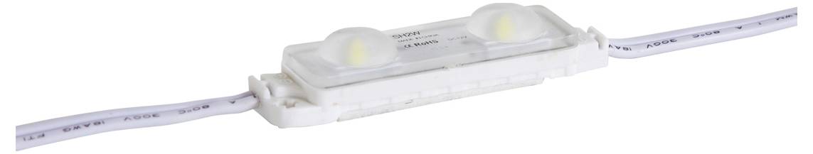 Bande de LED blanche avec deux LED allumées à l'intérieur d'un boîtier rectangulaire transparent et des fils attachés aux deux extrémités.