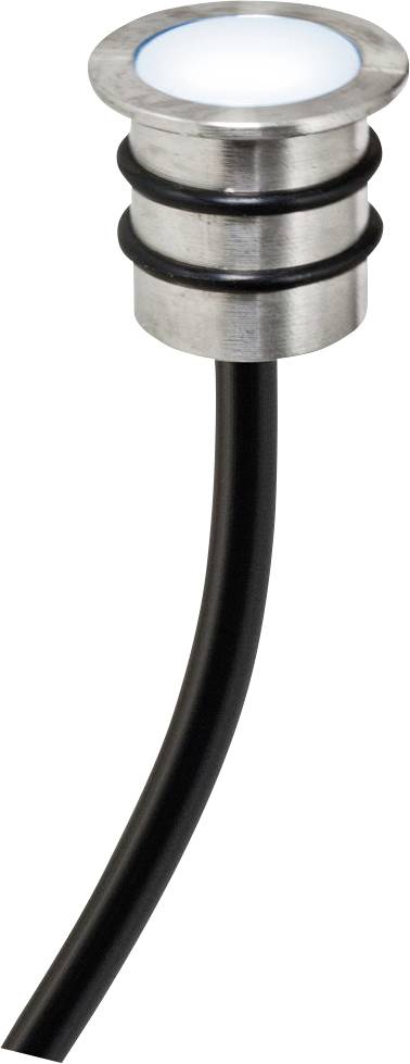 Un luminaire LED rond en métal avec un câble noir, émettant une lumière bleue. Accessoire d'installation pour systèmes d'éclairage.