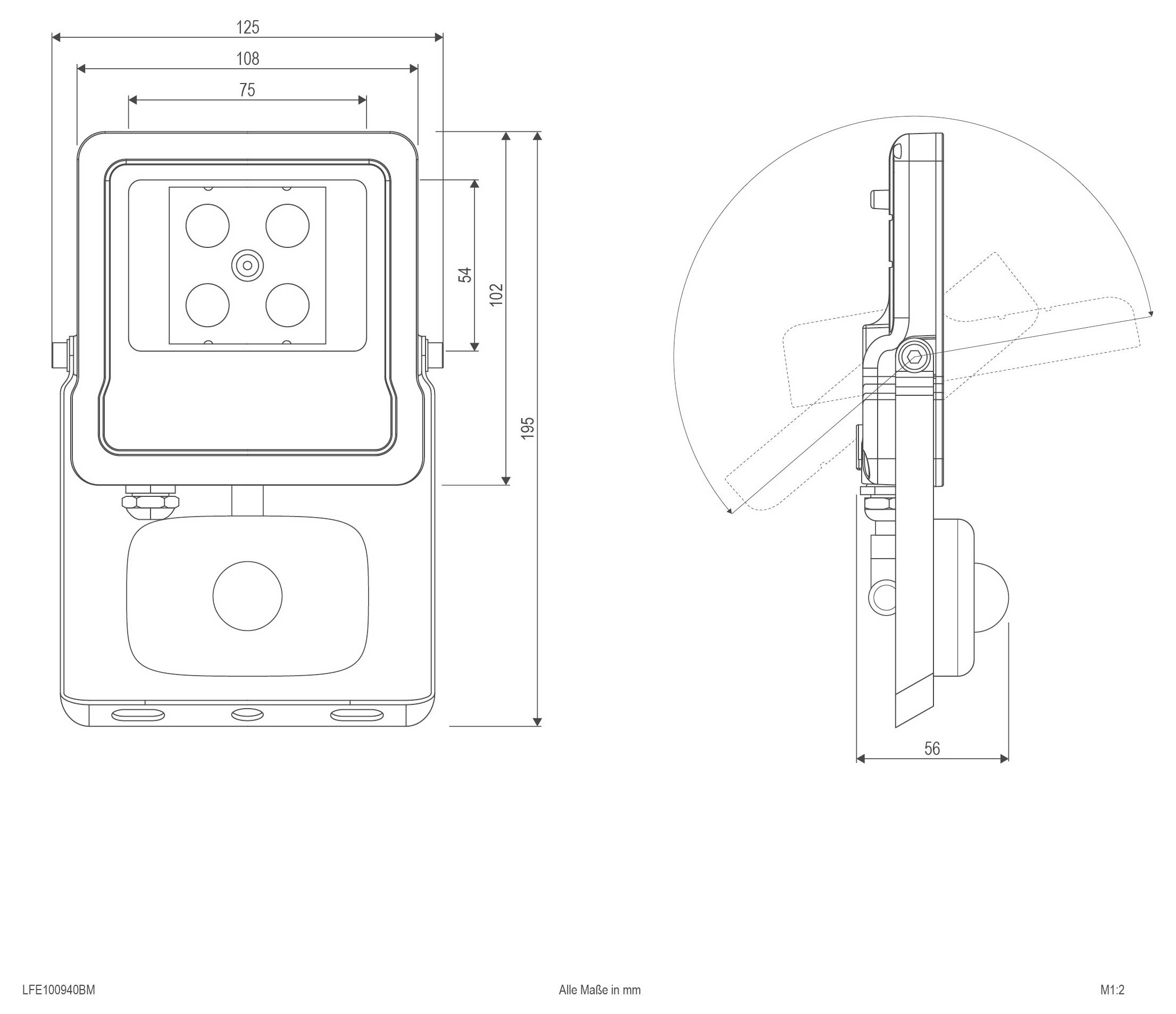 Dessin technique dimensionnel d'un dispositif mural, montrant les vues de face et de profil avec les mesures en millimètres.