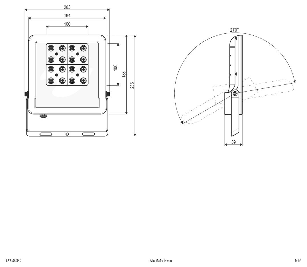 Dessin technique d'une fixture rectangulaire longue, montrant les vues de face, de côté et les vues de détail avec les mesures en millimètres.