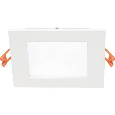 Un spot encastrable de plafond LED rectangulaire blanc avec des attaches de fixation oranges.