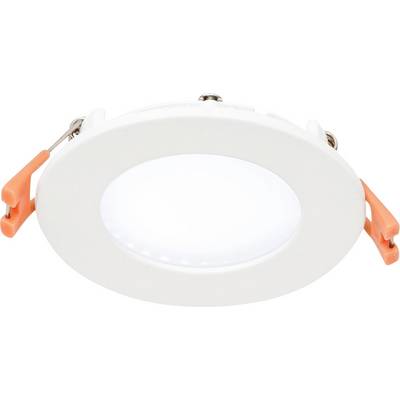 Luminaire encastré de plafond à LED blanc, avec un cadre rond et deux clips de fixation orange.