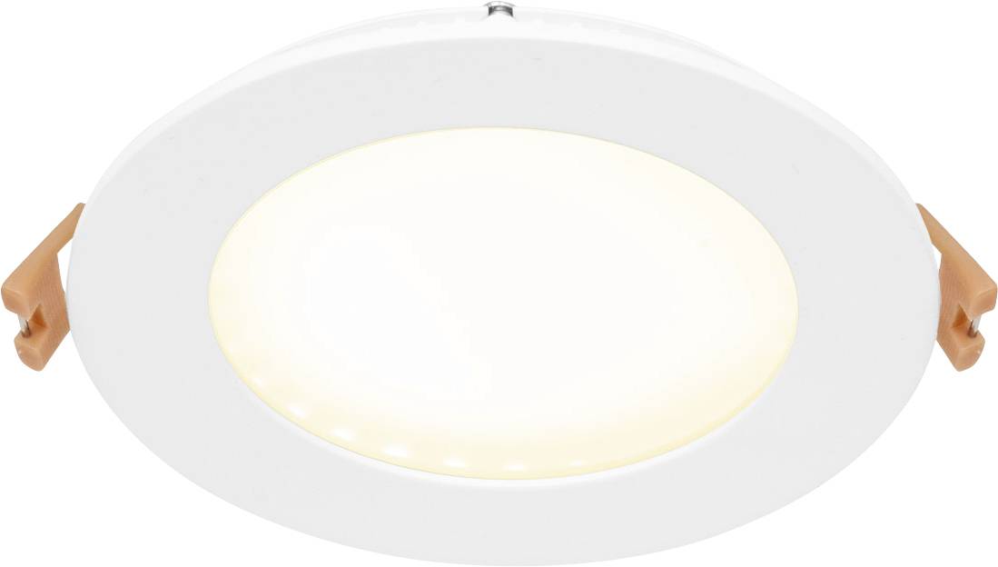 Luminaire encastré LED rond de couleur blanche, émettant une lueur blanche chaude. Encadré par deux clips de fixation orange sur les côtés.