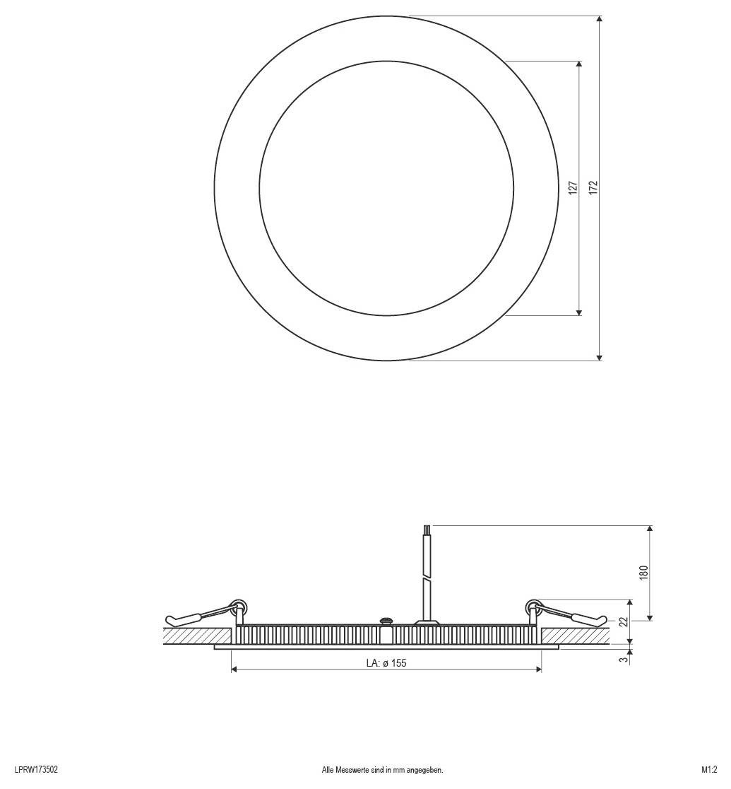Dessin technique d'une luminaire de plafond rond : vue de dessus avec des cercles concentriques ; la vue de côté montre un luminaire encastré élancé étiqueté « LA ø 155 » avec des dimensions de hauteur.