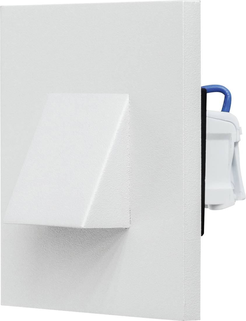 Luminaire LED encastré carré au plafond avec diffuseur blanc et cadre gris, présenté en vue latérale avec clips de montage à ressort.