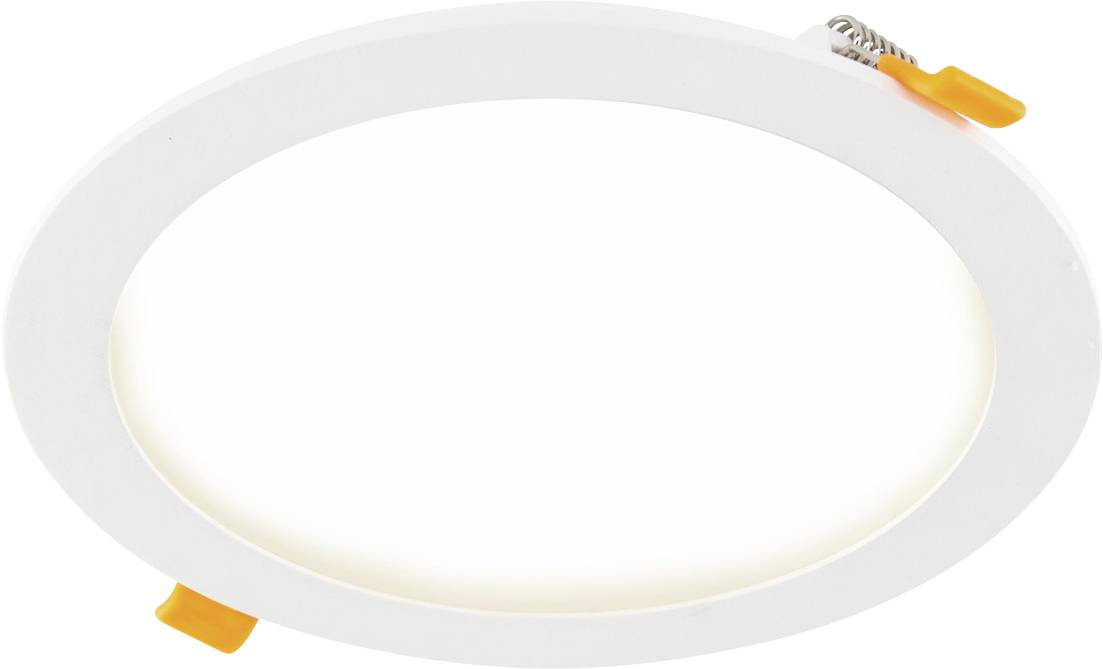 Luminaire LED de plafond encastré blanc rond avec des clips de ressort orange et un petit connecteur orange sur le dessus.