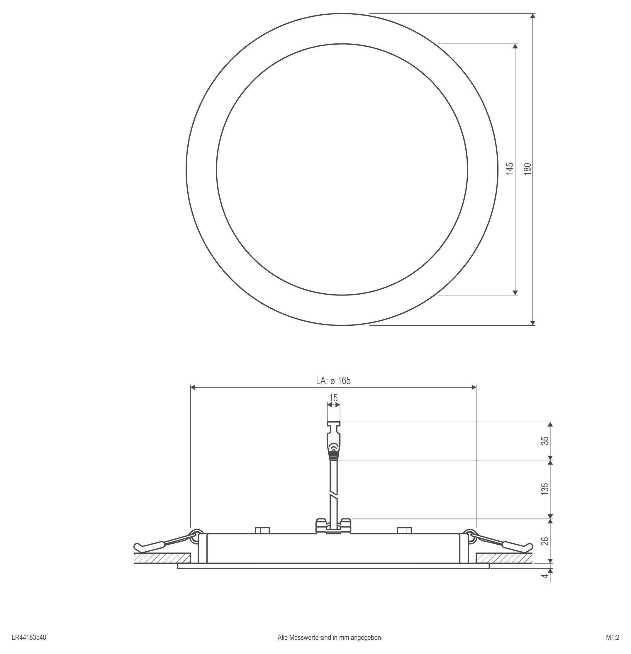 Dessin technique d'un luminaire circulaire : la vue de dessus montre un diamètre extérieur de 180 et un diamètre intérieur de 145, la vue de côté indiquant la profondeur de montage et les dimensions.