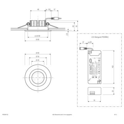Dessin technique d'une lumière encastrée LED circulaire et de son driver, montrant les vues de face, de côté et du driver avec les mesures en millimètres.