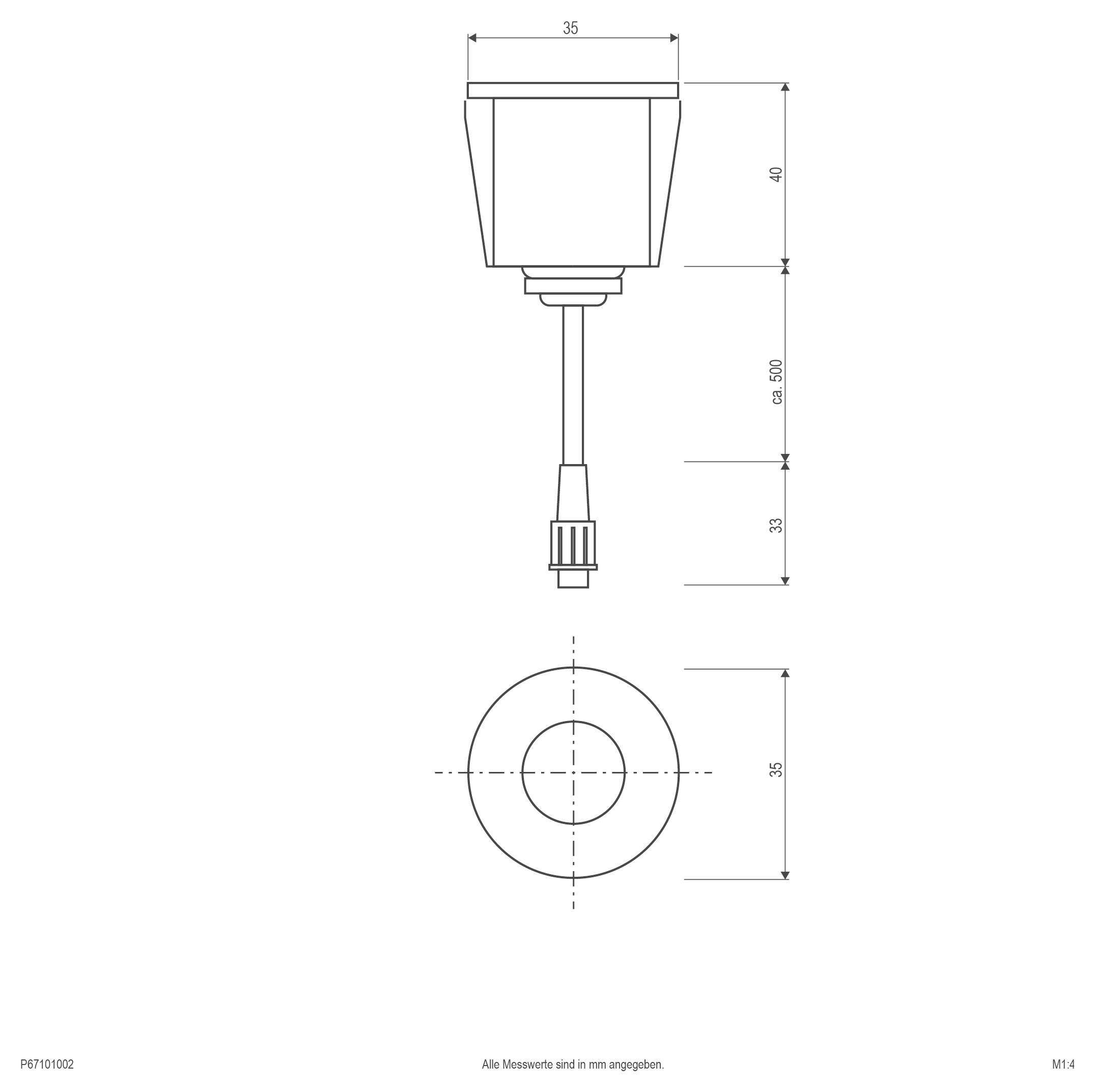 Dessin technique d'un capteur ou sonde cylindrique avec câble, montrant les vues de face et de dessus ainsi que les dimensions en millimètres.