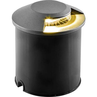 Bollard lumineux extérieur cylindrique noir avec un capuchon gris, projetant une lueur jaune chaleureuse par l'ouverture du haut.