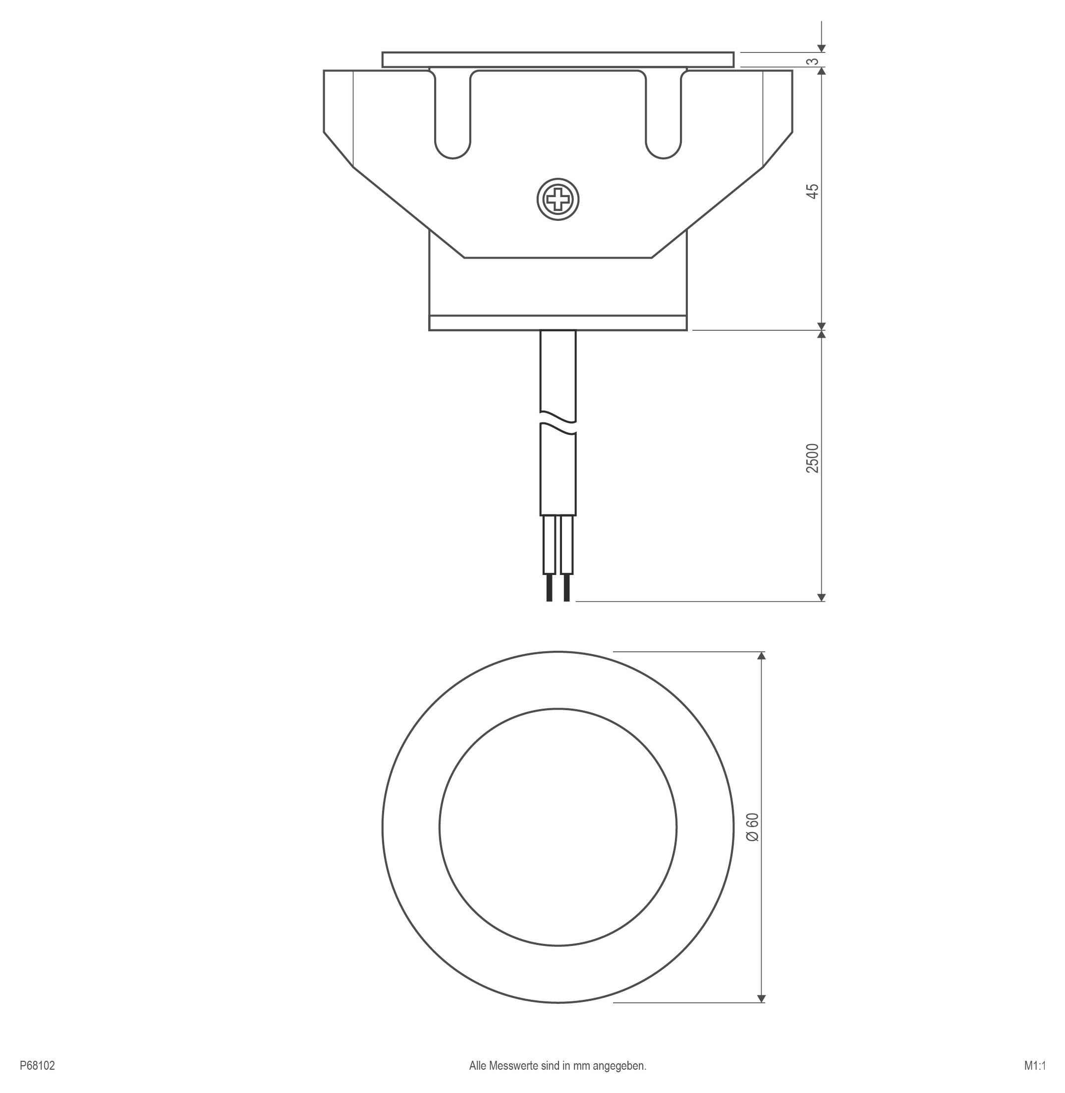 Dessin technique d'un luminaire circulaire avec support de montage, présenté en vues latérale et frontale avec dimensions : diamètre 680 mm, profondeur 230 mm.