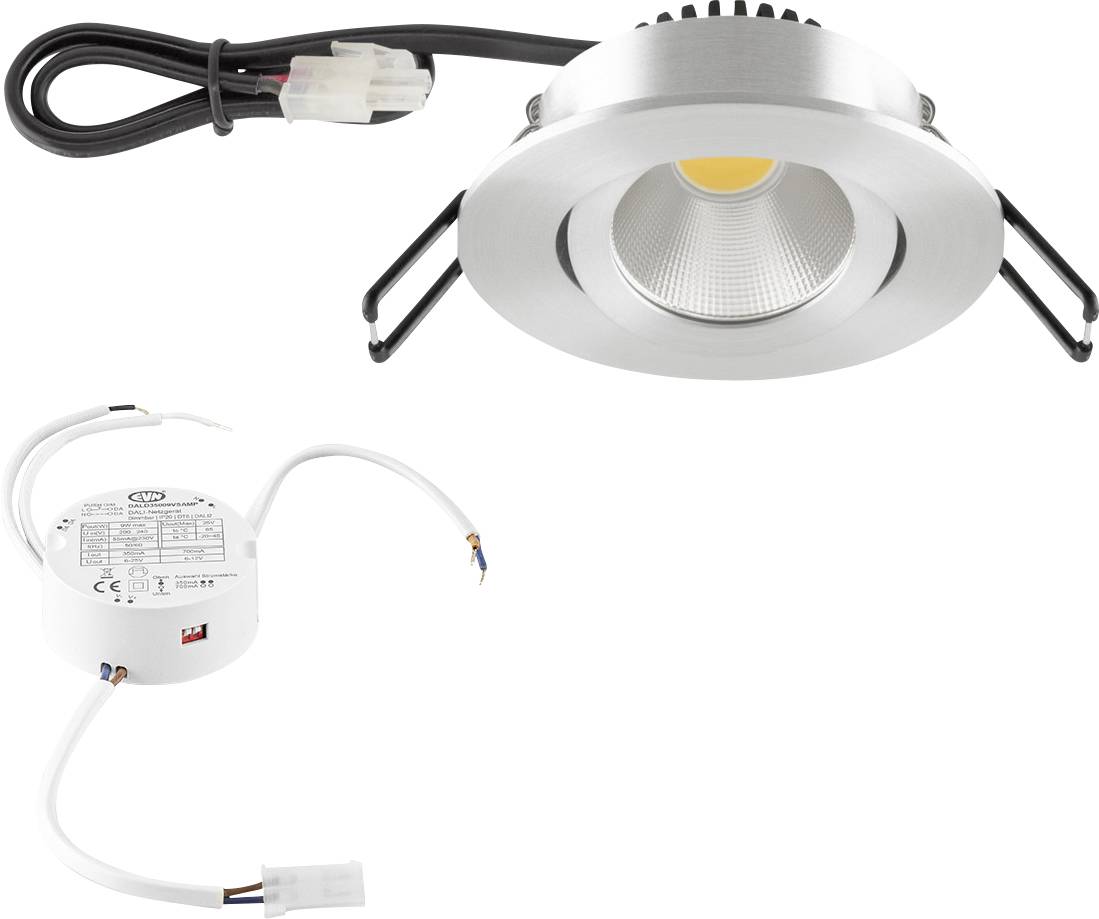 Kit de spot LED encastré avec finition argentée, ressorts de montage et driver intégré avec câble d'alimentation.