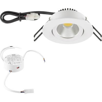 Luminaire LED encastré blanc avec clips de ressort, montrant la lampe frontale et le driver séparé avec câblage attaché.
