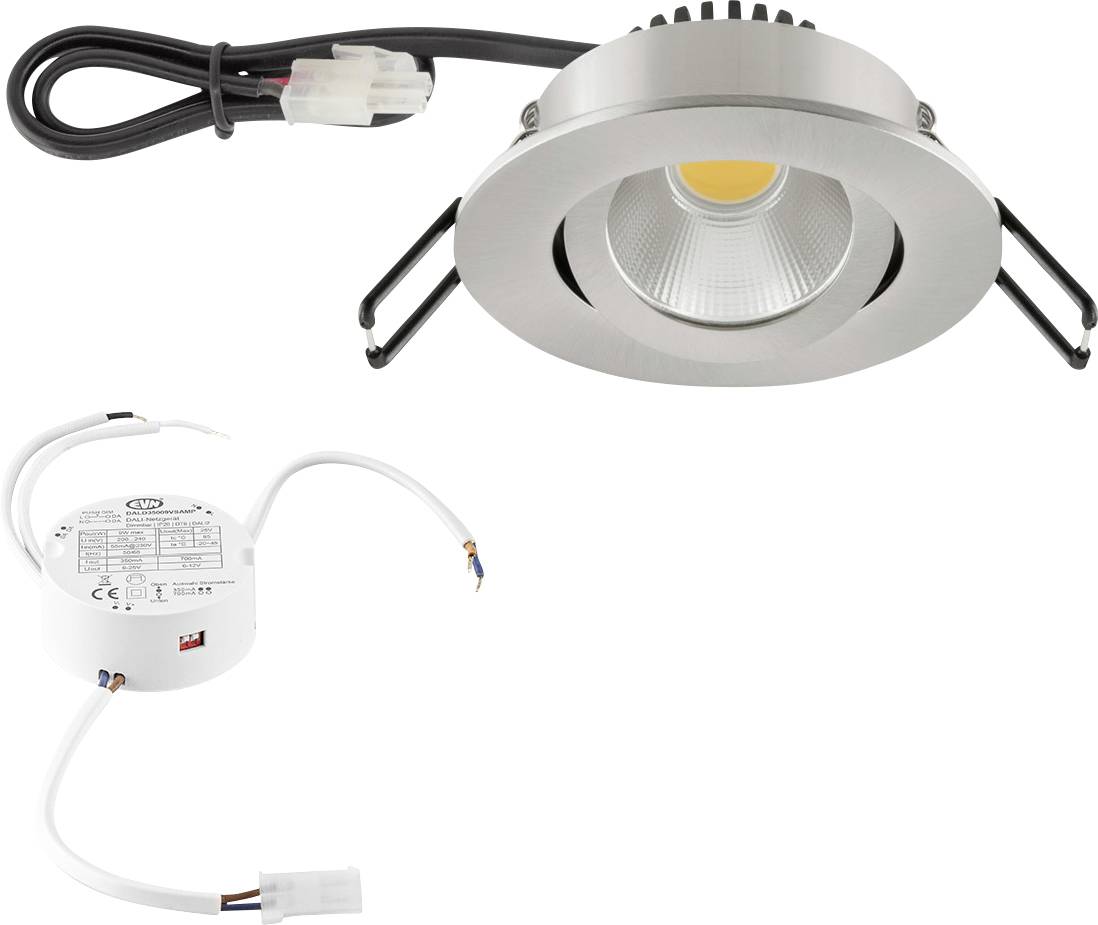 Kit de spots LED encastrés avec baguette argentée, connecteur de câblage inclus et driver séparé présenté sur fond blanc.