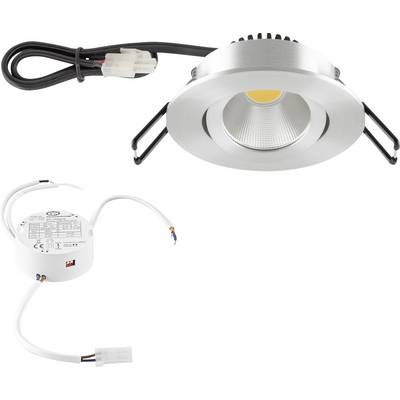 Luminaire encastré LED argent avec câblage et driver séparé présenté sur un fond blanc.