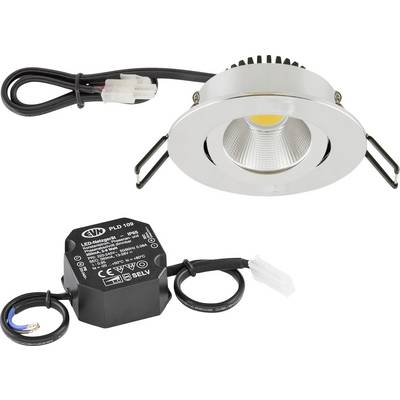 Kit de spots LED encastrés avec finition argentée, module LED, et driver noir séparé avec câbles et connecteurs sur fond blanc.