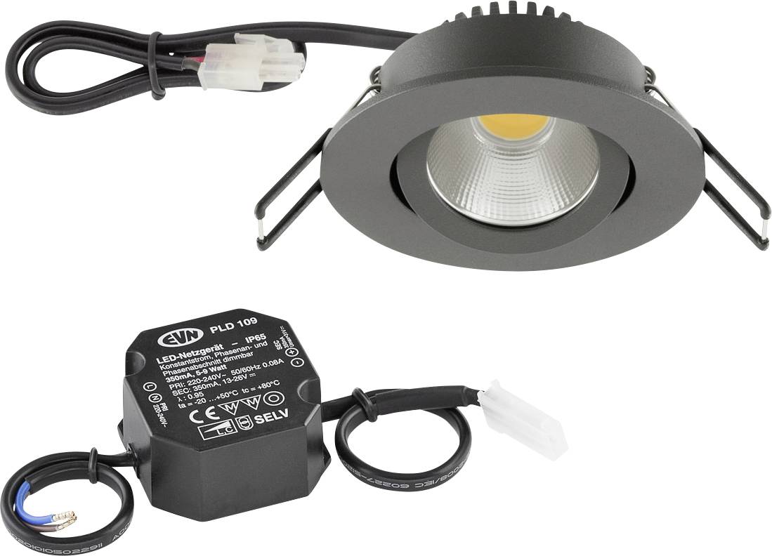 Kit de luminaire encastré LED avec fixture ronde noire, boîtier de commande et câblage intégré sur fond blanc