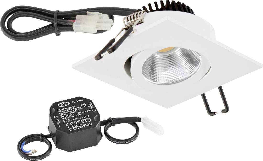 Spot LED encastré blanc avec anneau carré, pilote inclus, ressorts de fixation et câble de connexion présentés sur un fond blanc.