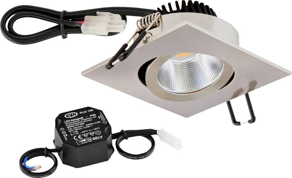 Luminaire encastré carré à LED avec câblage intégré et un module variateur noir séparé, présenté sur fond blanc.