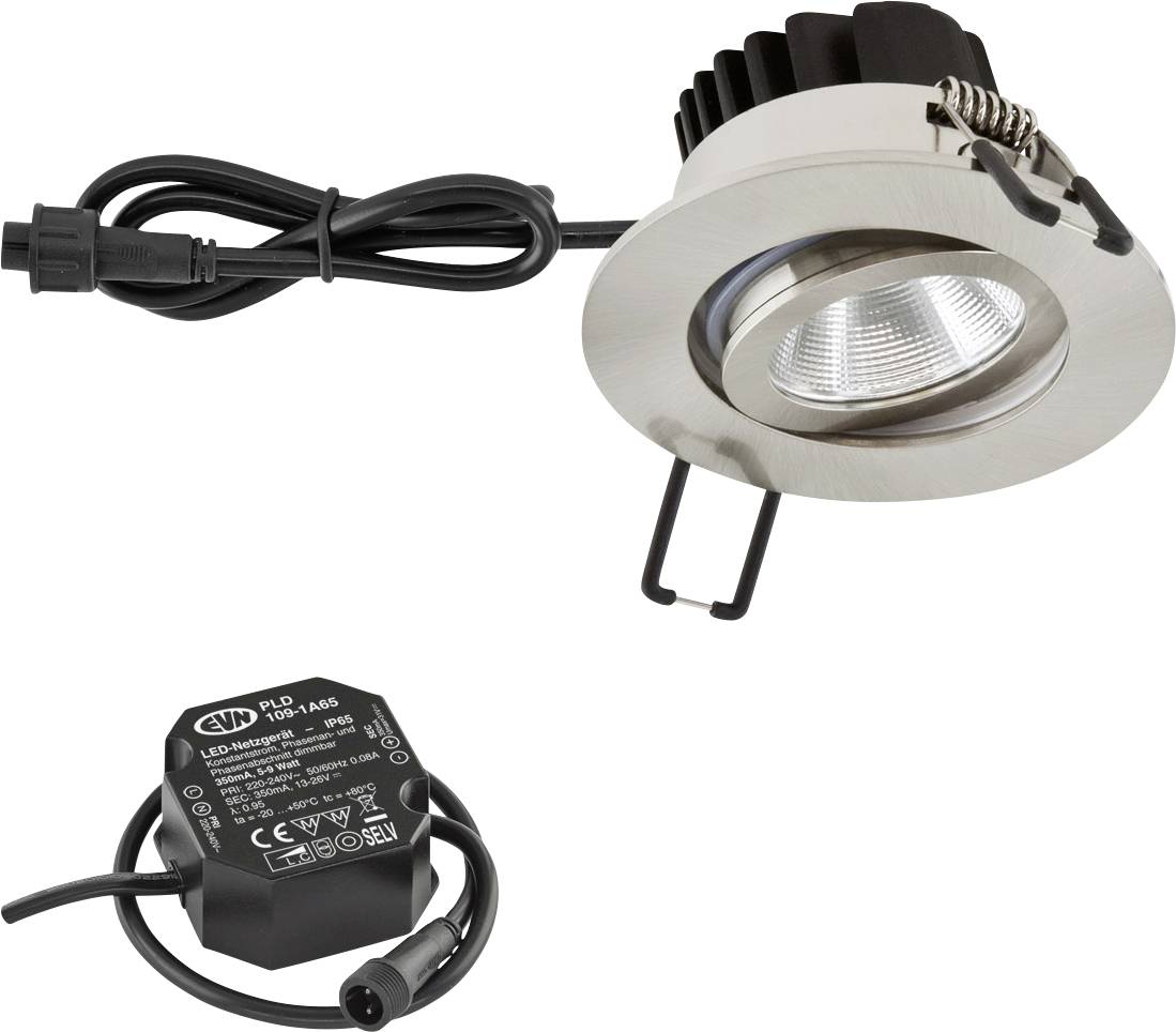 Kit de spot encastré LED avec projecteur rond argenté, clips à ressort, câble d'alimentation intégré et unité de commande noire séparée.