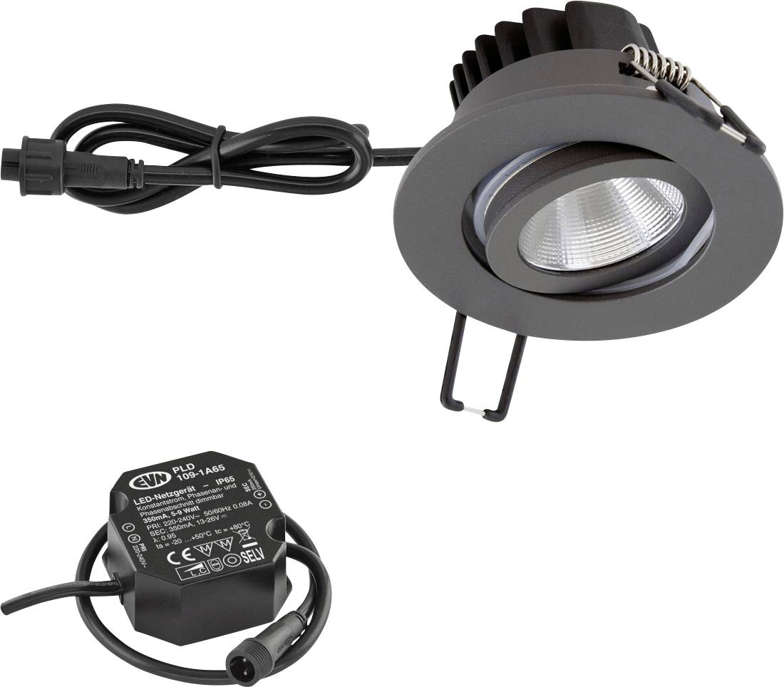 Projecteur LED encastré noir avec câble d'alimentation attaché et boîtier de commande séparé sur fond blanc.