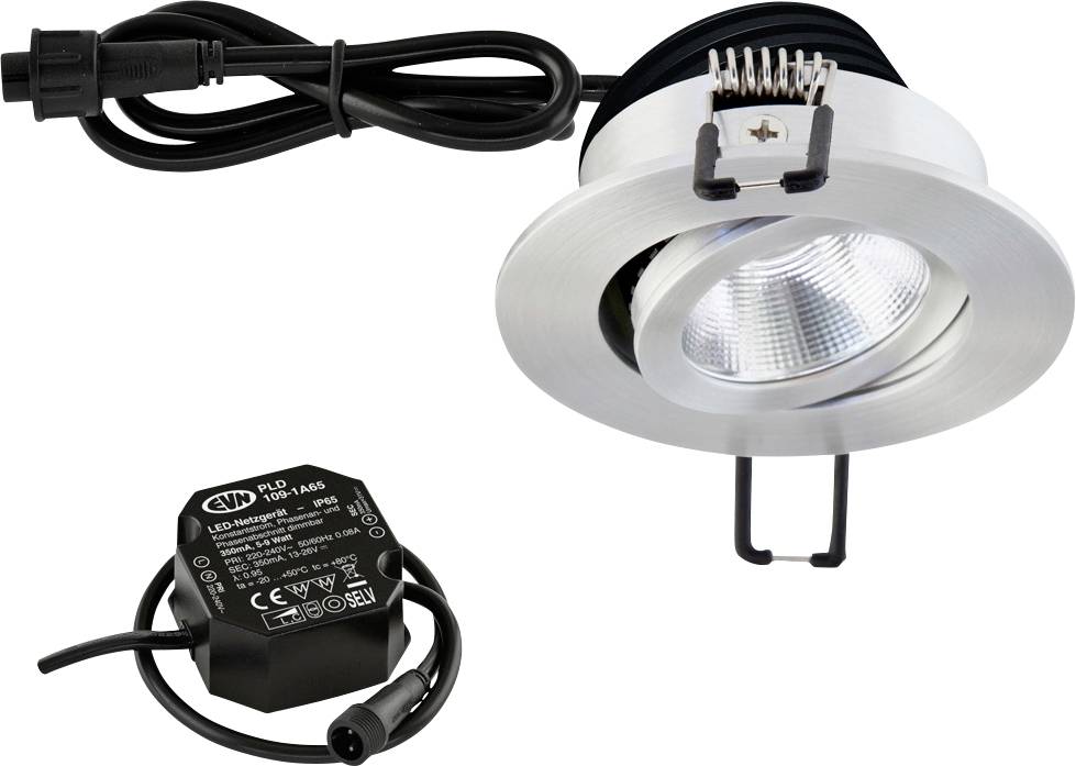 Kit de projecteur LED encastré avec bordure argentée, cordon d'alimentation attaché et boîtier de commande noir séparé sur un fond blanc.