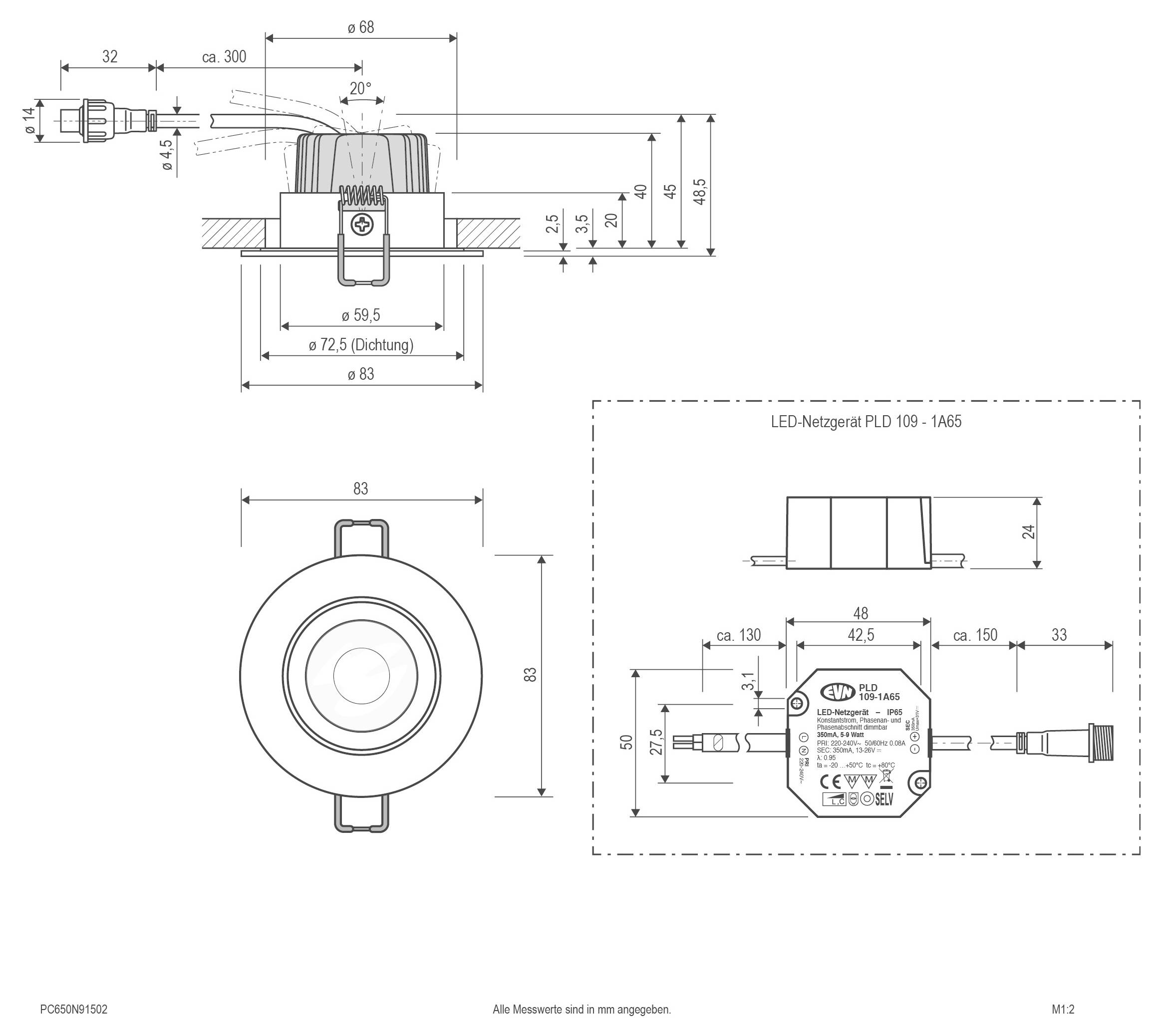 Dessin technique d'un luminaire LED de plafond rond et de son alimentation électrique, montrant les vues de dessus et de profil avec les dimensions en millimètres.