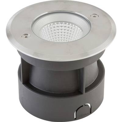 Luminaire encastré rond de sol avec bague chromée et lentille transparente, présenté sur fond blanc.