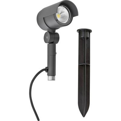 Projecteur LED extérieur noir avec support sur piquet et câble d'alimentation, présenté à côté de sa pointe de mise en terre pour l'installation.