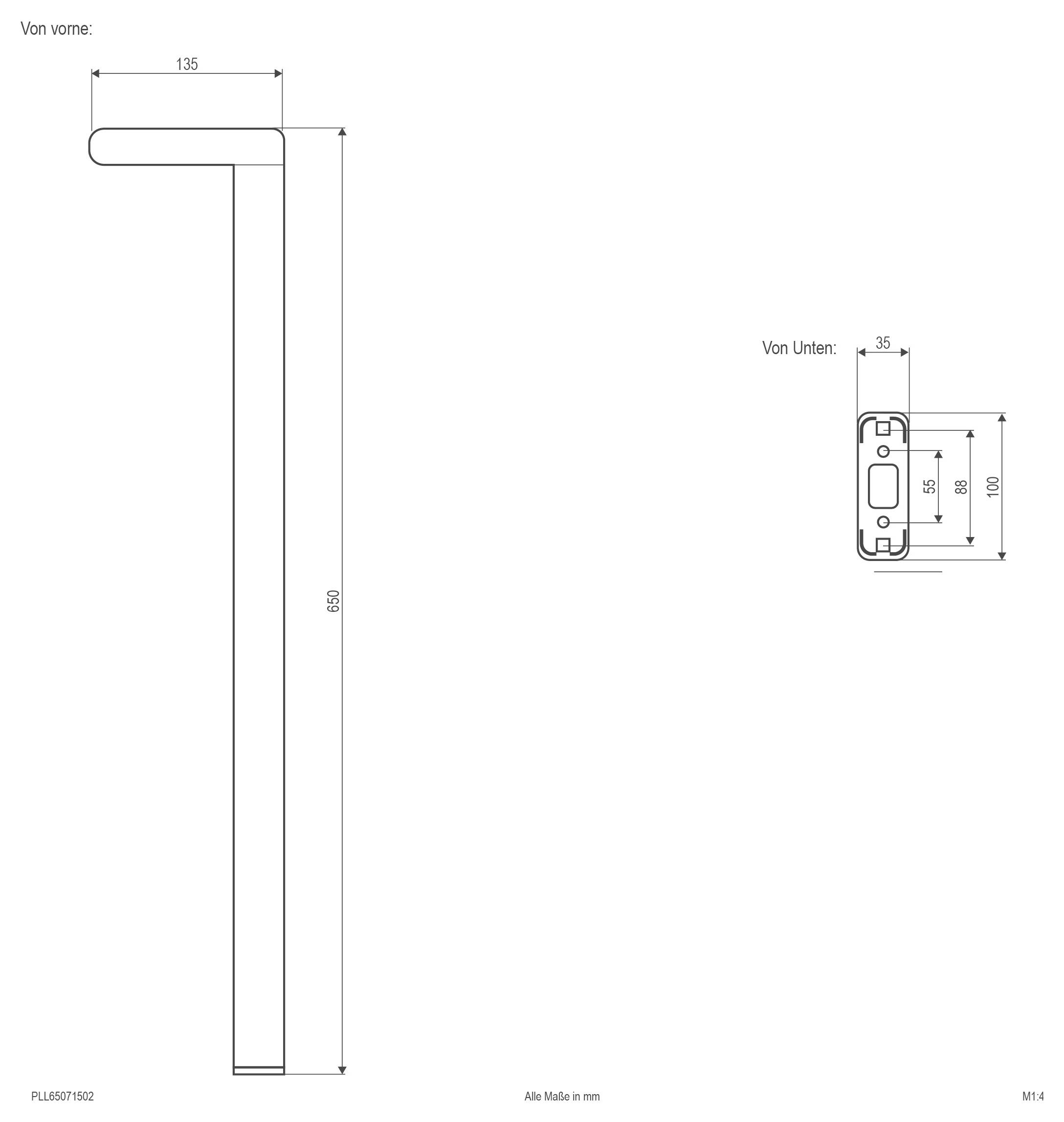 Dessin technique de dimension d'une poignée/levier en métal en forme de L, montrant les vues de face et de dessous avec les mesures en millimètres : 135 de large, 650 de long, 35 de large, 130 de haut.