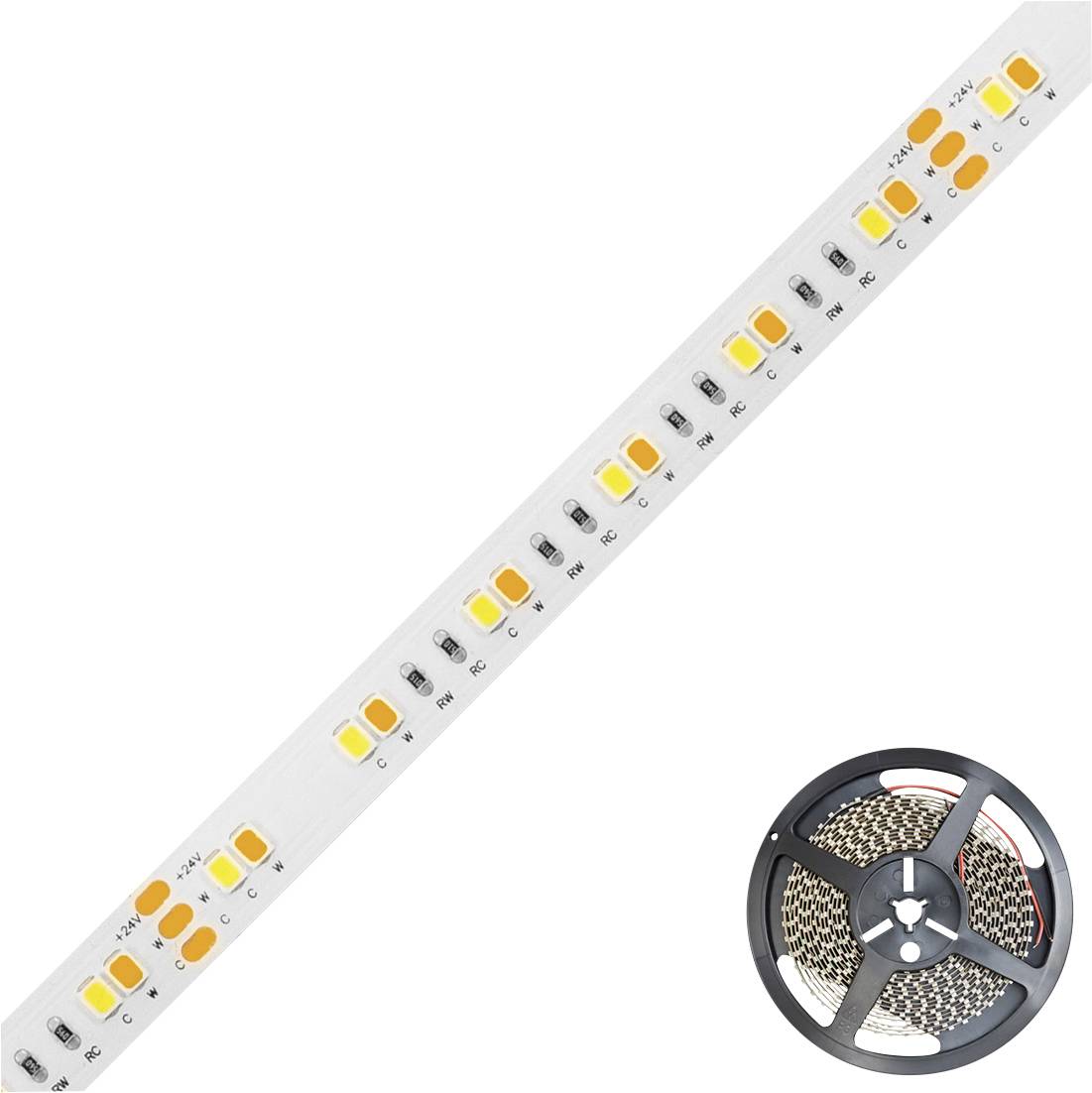 Bande lumineuse LED diagonale avec une bobine de LED flexibles 24V, présentée enroulée en bas à droite sur un fond blanc.