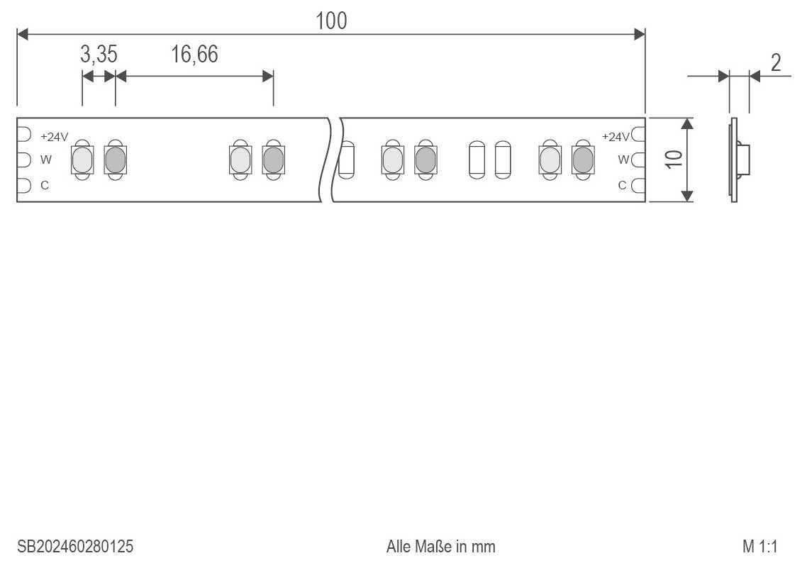 Schéma technique d'une section de bande LED montrant les dimensions en mm : 100 longueur, 10 largeur, 2 épaisseur, avec des marques de coupe/espacement étiquetées 3,35 et 16,66 et les bornes '+24V', 'W', 'C'.