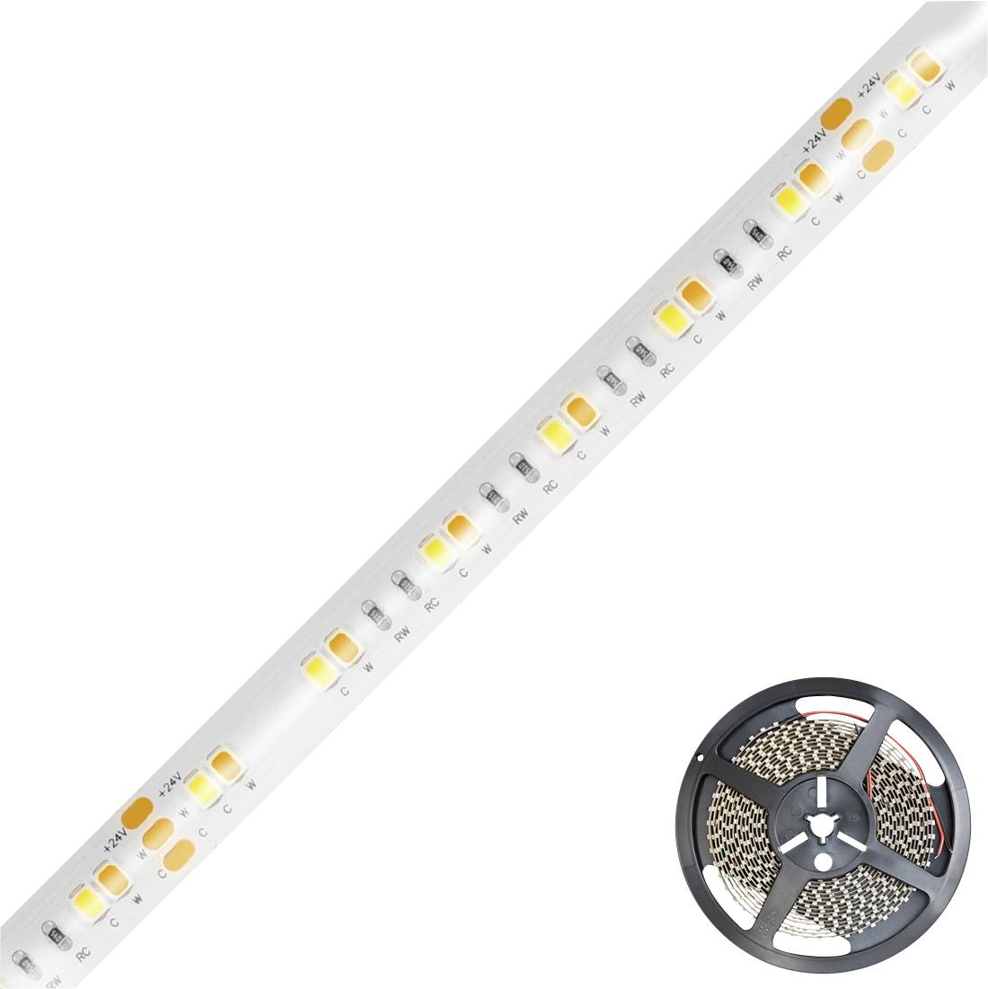 Bande LED diagonale sur une bobine, montrant les points de coupe étiquetés, les marques de polarité et les LED blanc chaud.